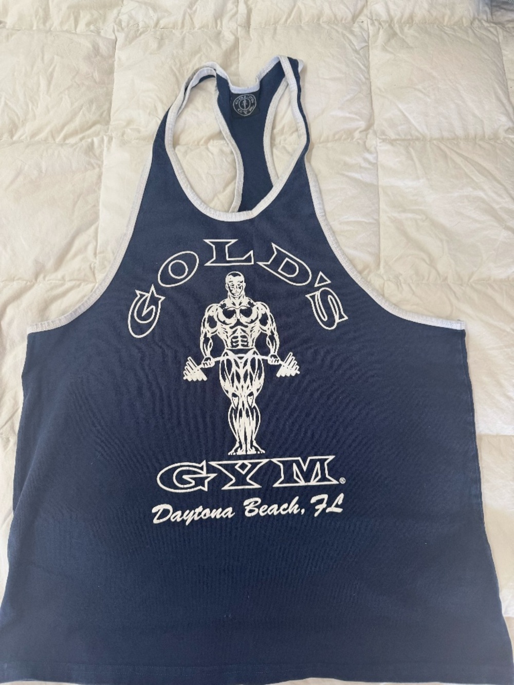 Golds Gym, Large, Blue/white stringer tank top  that fits like a medium